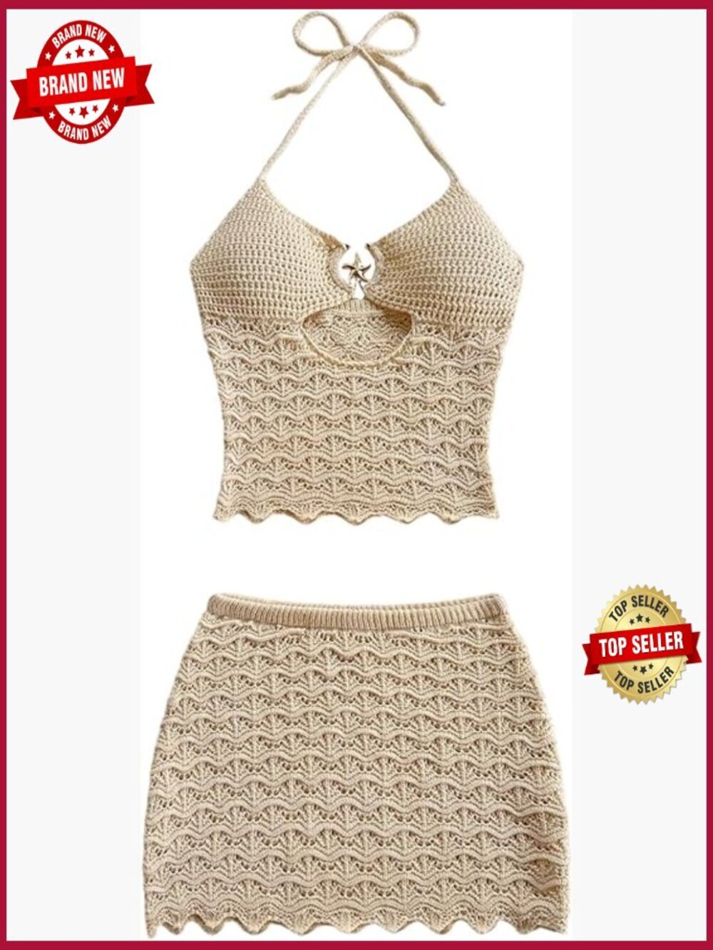 Crochet Cut Out Halter Crop Top & Mini Skirt Set | 2 Piece Beach Outfit
